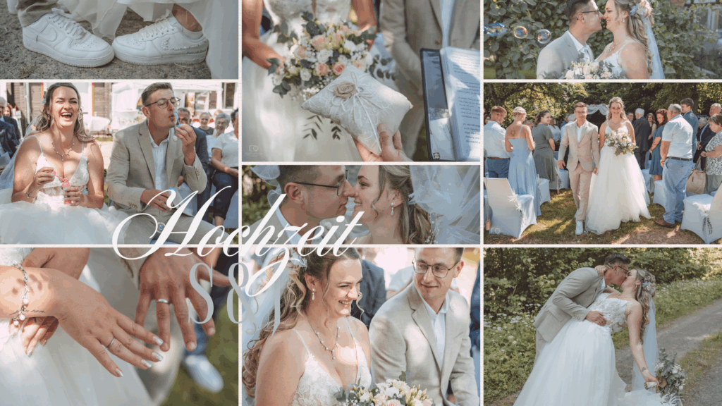 Bildcollage verschiedener Hochzeitsmomente eines Brautpaares mit Schriftzug Hochzeit
