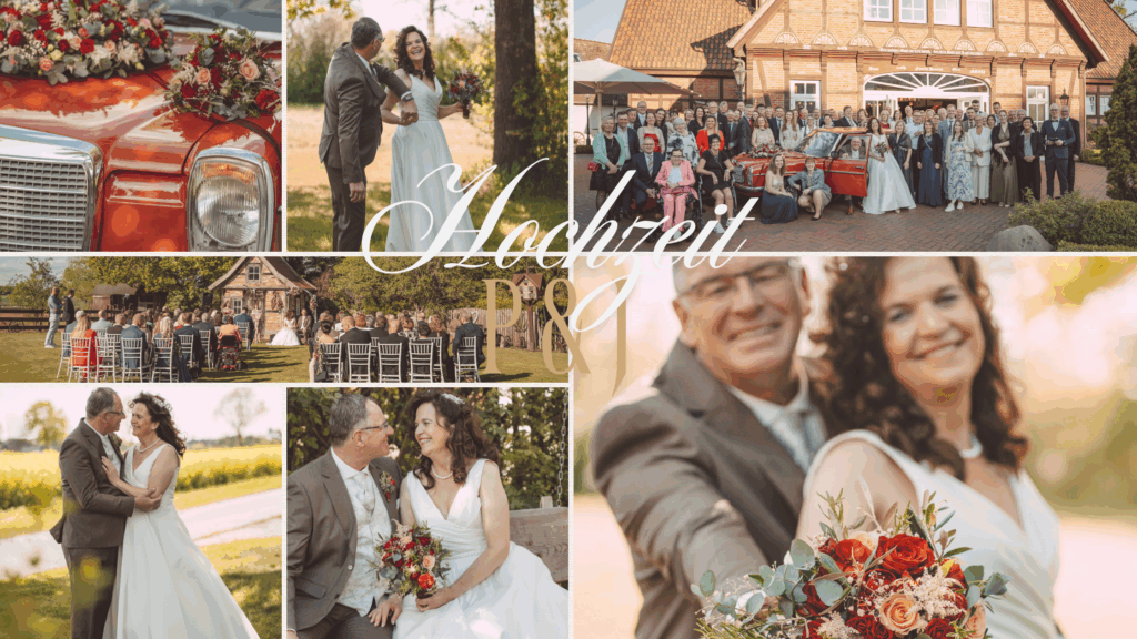 Collage aus Hochzeitsfotos eines Brautpaares vor herbstlicher Kulisse mit Schriftzug Hochzeit