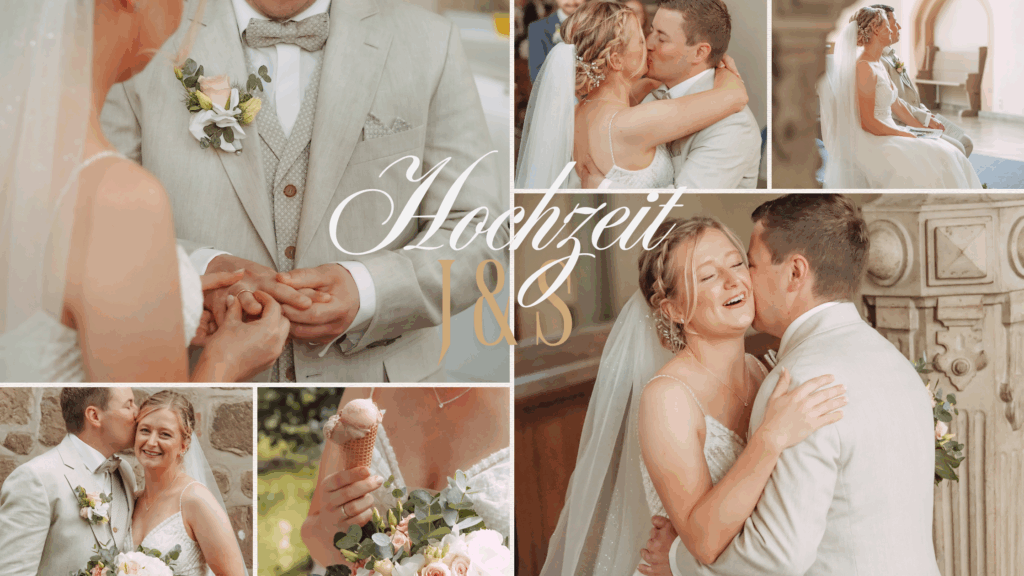 Hochzeitscollage mit mehreren Aufnahmen von Braut und Bräutigam und dem Schriftzug Hochzeit