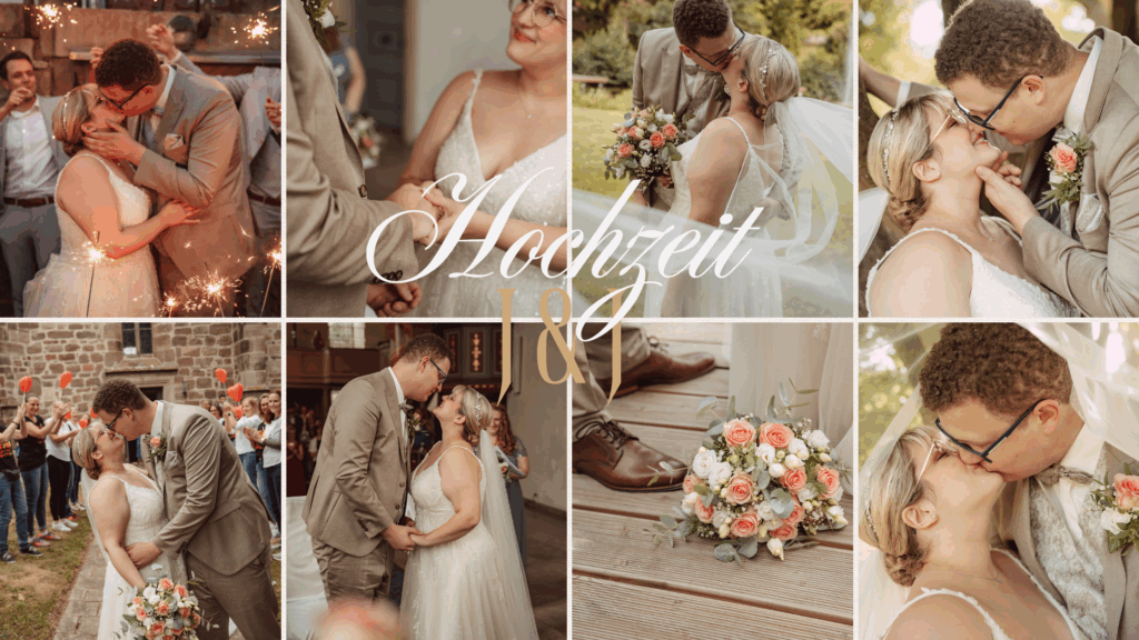 Bildcollage romantischer Hochzeitsmomente eines Paares mit Schriftzug Hochzeit