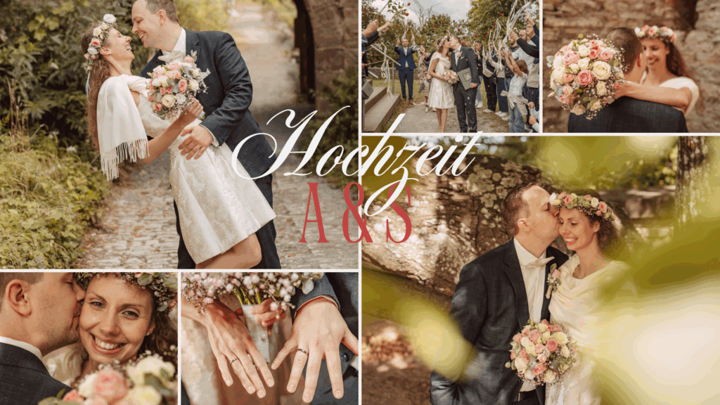 Collage zahlreicher Hochzeitsfotos eines Brautpaares mit verschnörkeltem Schriftzug Hochzeit