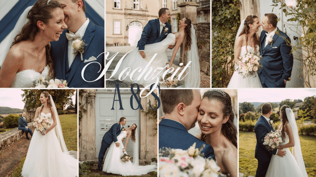 Hochzeitscollage mit mehreren Aufnahmen eines Brautpaares vor Schlosskulisse und dem Schriftzug Hochzeit