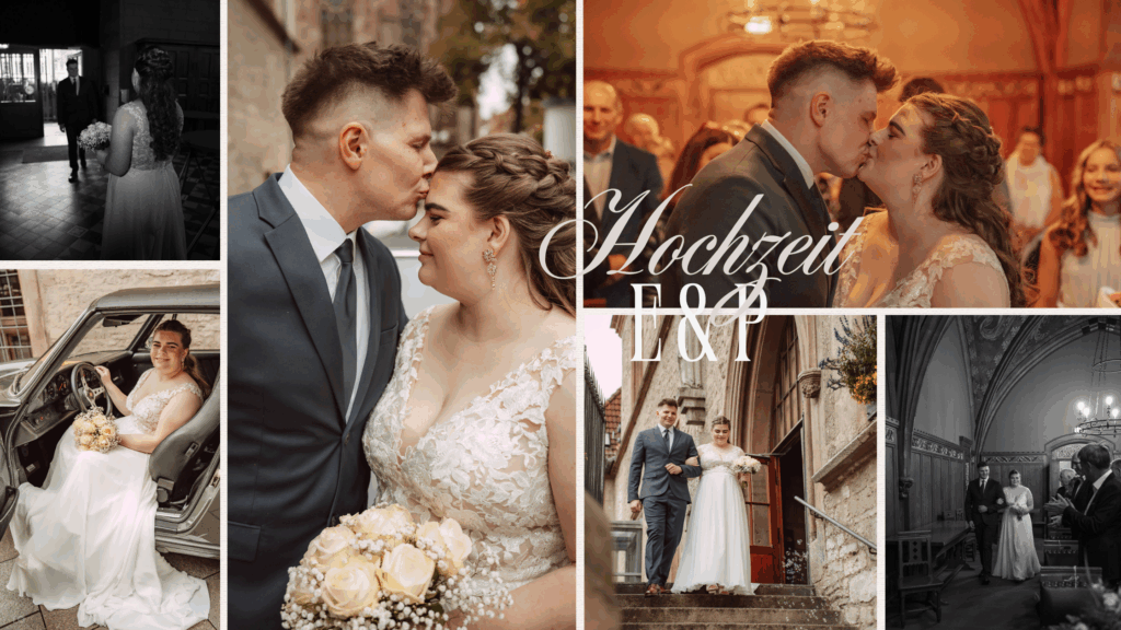 Bildcollage festlicher Hochzeitsmomente eines Paares mit Schriftzug Hochzeit