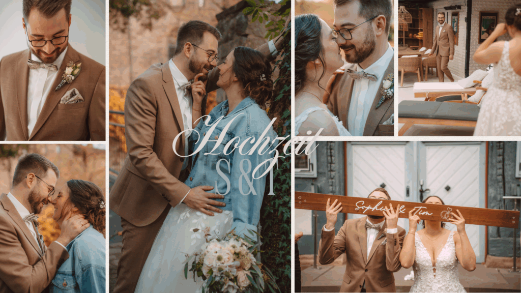 Bildcollage einer Hochzeit mit mehreren Brautpaar-Aufnahmen und dem Schriftzug Hochzeit
