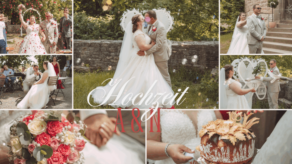 Bildcollage einer Hochzeit mit Brautpaar, Brautstrauß und Detailaufnahmen sowie dem Schriftzug Hochzeit