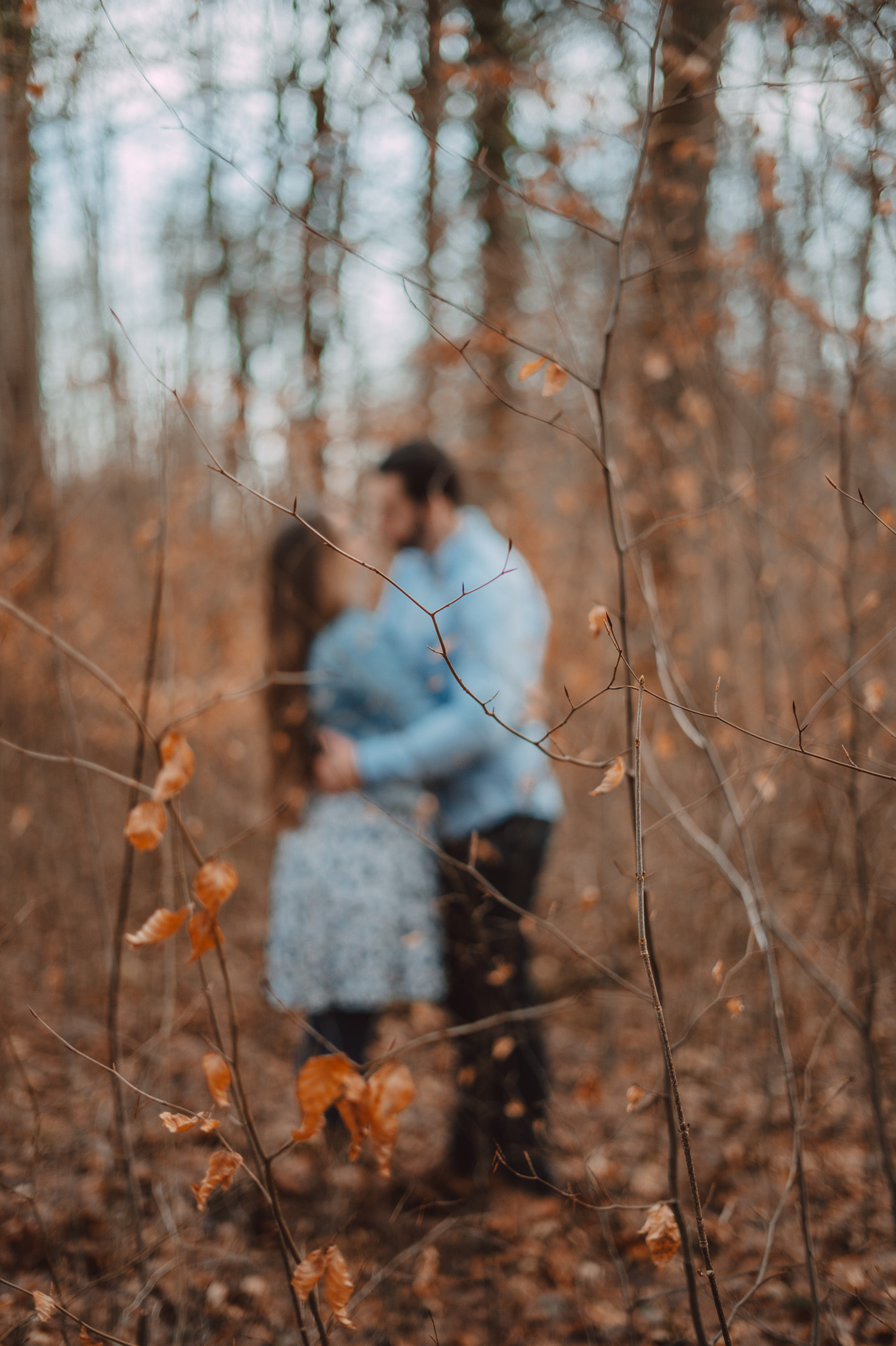 Unscharf aufgenommenes küssendes Paar im herbstlichen Wald, im Vordergrund kahle Zweige